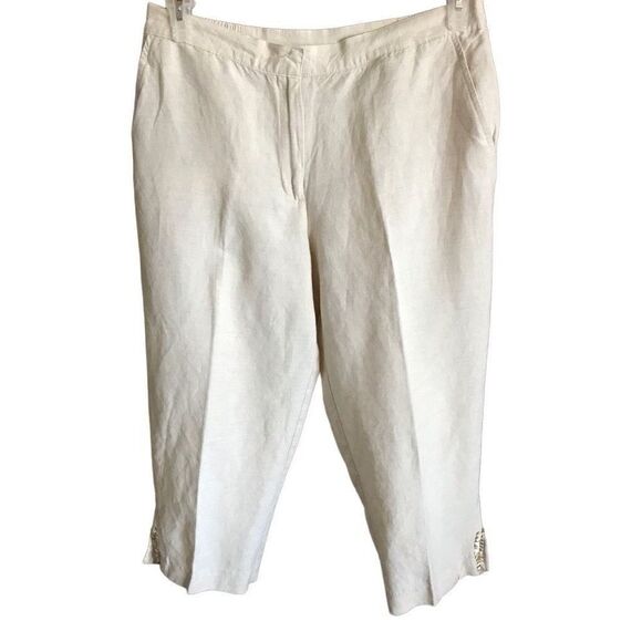 Ruby Rd. Linen blend khaki Capri cropped SZ 12 Petite straight leg sequin trim - Picture 1 of 5